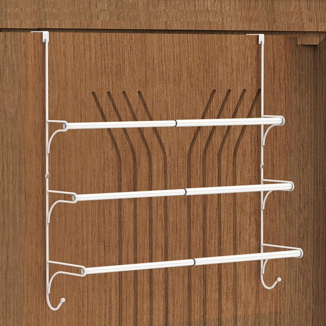 Auledio Adjustable Over The Door Triple Towel Rack with Hooks, White