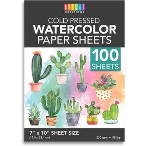 Bright Creations 100 Sheets Cold Press Watercolor Paper for Artists and Beginners (7 x 10 Inches)