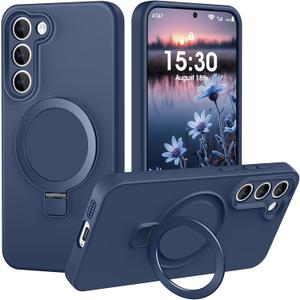 Liquid Silicone Case for Samsung Galaxy S23 Plus with Magnetic Stand, Mil-Grade Drop Shockproof, Full Camera Protection Anti-Scratch Microfiber Lining Silicone Phone case, Dark Blue