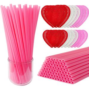Valentines Day 300 Pcs Pink Heart Straws, Disposable Plastic Straws, Cute Heart Shaped Straw Individually Wrapped with Doilies for Wedding Birthday Bridal Shower Parties Decor