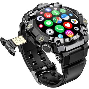 4G SIM Card Android IP68 Smartwatch with GPS & WiFi, Dual-Lens HD Cameras, 1150mAh Military Watch for Men, App Downloadable, 1.5" AMOLED Large Screen for Video Chat, Health Activity Tracker (Black)