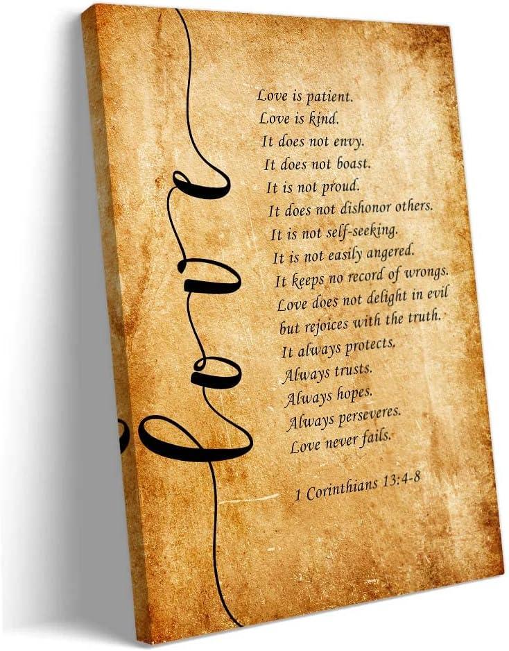 Love Is Patient Love Is Kind Wall Art Framed Quotes Poster Vintage Canvas 1 corinthians 13 4-8 Bible Verses Wall Art Painting Pictures Decorations Framed (16x24 inch)