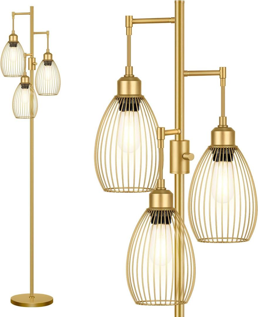 Dimmable Floor Lamp, 3 x 800LM LED Edison Bulbs Included, Farmhouse Industrial Floor Lamp Standing Tree Lamp with Elegant Teardrop Cage Head Tall Lamp for Living Room Bedroom Office Dining Room - Gold (Gold-70 Inches)