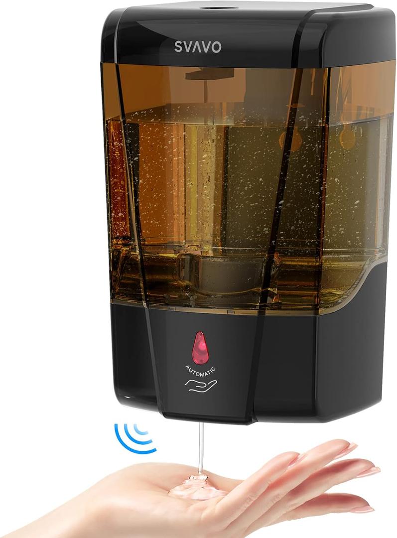 SVAVO Automatic Soap Dispenser Hand Soap Dispenser Wall Mount 600m/21fl.oz, Touchless Electric Sensor Pump Battery Operated for Offices Home Kitchen Bathroom Hotel Restaurant Commercial (Black+Amber)