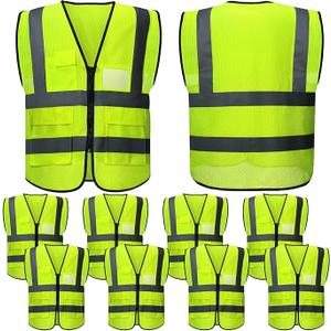 JenPen 10 Pieces Reflective Safety Vests with Pockets and Zipper, High Visibility Mesh Construction Vest for Men Women(XXL,Green)