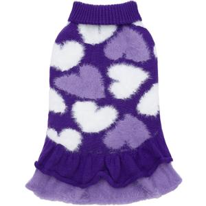 CuteBone Purple Heart Dog Sweater Dress for Dogs Girl, Soft and Stretchy Dog Sweater for  Large Dogs, Pullover Pet Winter Clothes Ruffle Dress Cat Apparel DS101L, Large