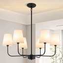 Farmhouse Chandelier 6 Light 31.5", Black Chandelier Modern Dining Room Light Fixtures over Table Island Lighting Fixture with Linen Fabric Shades for Kitchen Living Room Foyer Entryway Bedroom
