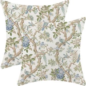CXMEIFLY Chinoiserie Spring Pillow Covers 20 x 20 Inch Set of 2 for Blue Sage Green Vintage Flowers Bird Decor Throw Pillows Plant Farmhouse Outdoor Decorative Cushion Cases for Couch Bed Decorations (20" x 20" (Pack of 2), Blue Sage Green Floral Bird)