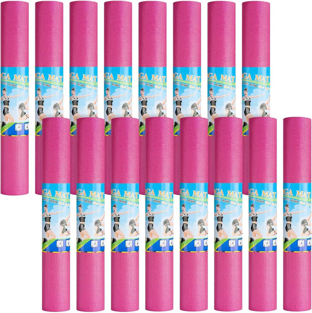 16 Pack 3 mm Thick Yoga Mat Bulk, Exercise Workout Non Slip Fitness Pad for Women Gym Home Yoga Pilates, Reliable Sturdy Material and Easy to Clean (Rose Red)
