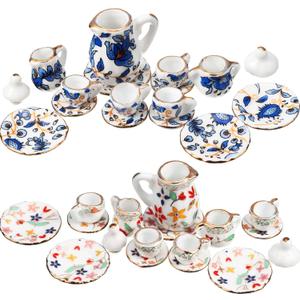 Geiserailie 2 Set 1:12 Dollhouse Miniature Porcelain Tea Cup 30 Pieces Mini Flowers Pattern with Golden Trim Teapot Cup Plate Mini Tea Dollhouse Kitchen Accessories