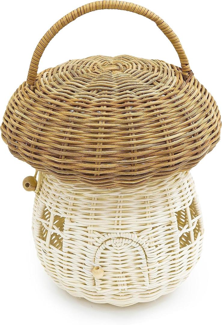 KOLWOVEN Mushroom Rattan Storage Basket with Lid - Mouse in a Box House- Small Doll house- Decorative Hand Woven Shelf Organizer Cute Handmade Handcrafted Gift Decoration Artwork Wicker (Natural) (Large)
