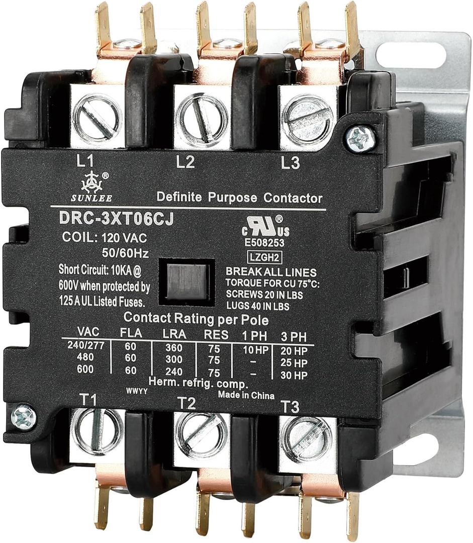 SUNLEE 60 Amp 75 RES 3 Pole 120v coil SunLee DP Contactor A2L Compliant UL Recognized & Approved for UL 60335 HVAC Contactor 42EF35AF equivalent