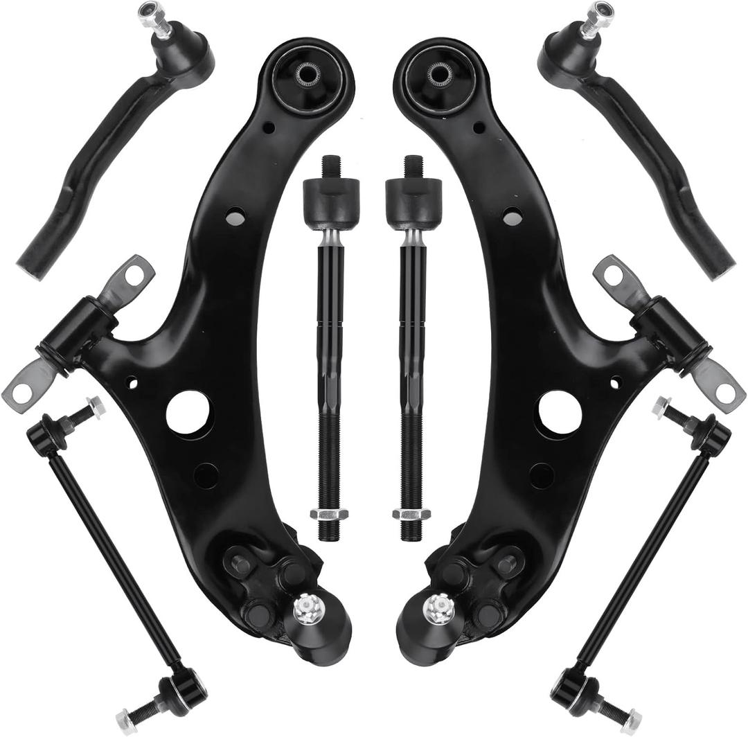 Front Lower Control Arm with Ball Joint Assembly Passenger & Driver Side + Stabilizer Sway Bar End Link + Outer Inner Tie Rod End Suspension Kit for 2004 2005 2006 2007 2008 2009 Toyota Sienna