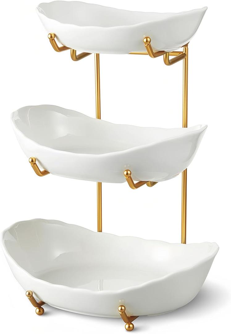 Ceramic Fruit Bowl for Kitchen Counter - 3 Tier Fruit Basket with Metal Stand, Tiered Fruit Stand for Countertop, Snack, Nuts, Cake, Dessert, Cute (Gold, Small) 1