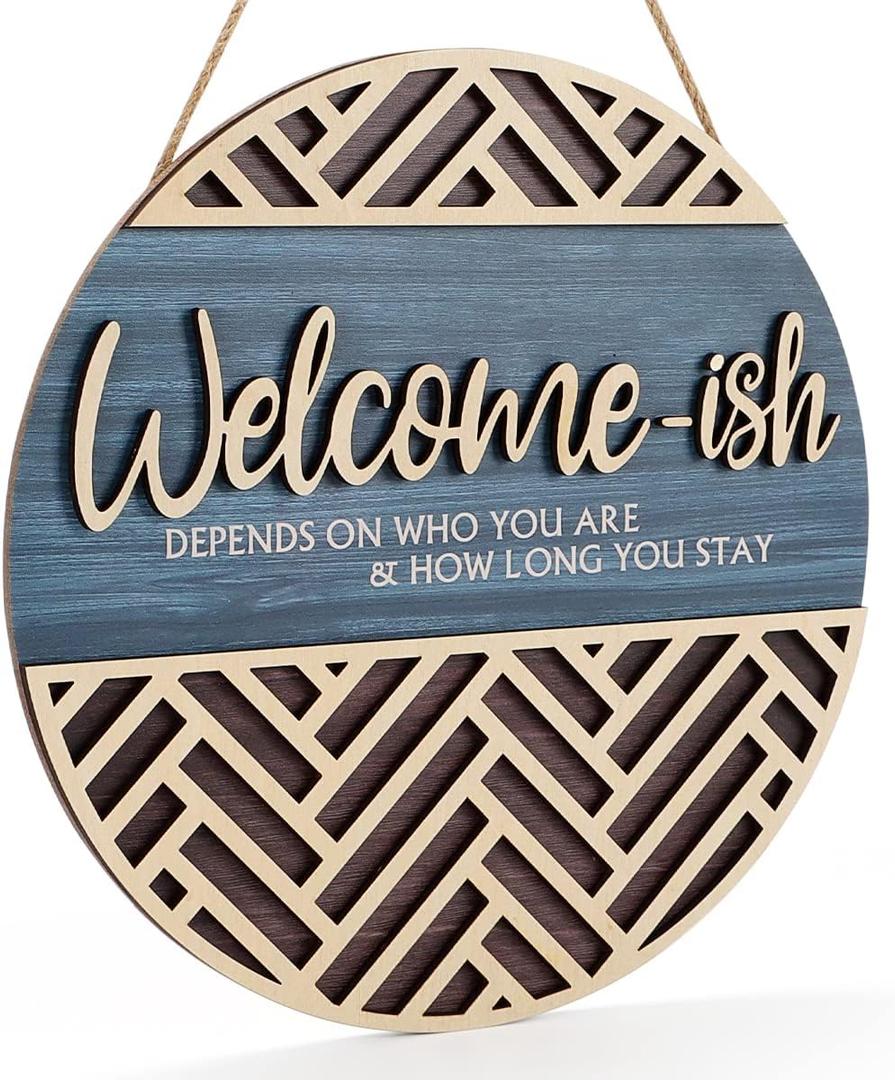 IARTTOP 3D Welcome Hanging Sign Plaque for Front Door Wall Decor, Funny Welcome-ish Wooden Hanger (12''x 12''), Rustic Minimalist Outdoor Wood Wall Art for Farmhouse Porch or Entryway Home Decor