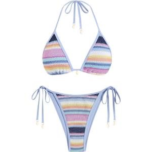 ZAFUL Women's Colorblock Stripes Triangle Halter Tied Cheeky Thong Bikini Set High Cut Two Piece Bathing Suit (Blue, M)