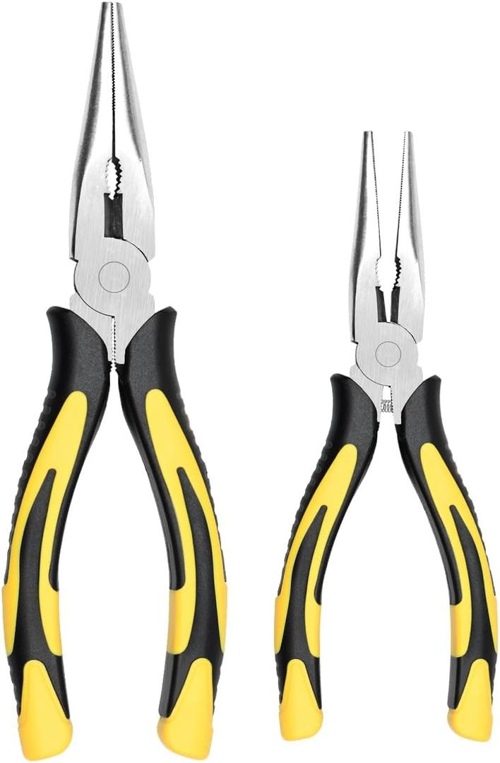 Premium Long Needle Nose Pliers-6''&8'', Paper Clamp Precision, High Carbon Steel, Soft Grip with Wire Cutter, Long Nose Cutting Pliers for Home, Fishing, Jewelry, Crafts,2pcs