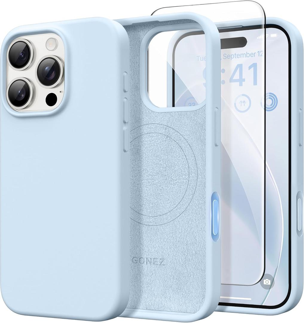 GONEZ Magnetic for iPhone 16 Pro Case, [Compatible with MagSafe] Anti-Scratch Microfiber Lining & Screen Protector, Silicone Camera Control, Shockproof Slim Phone Cover 6.3 inch, Blue