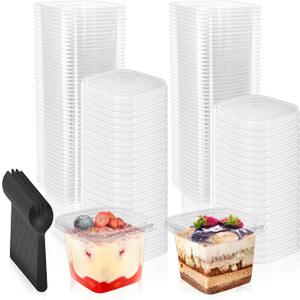 100 Pack 13 oz Square Plastic Dessert Cups, Clear Parfait Cups with Lids Spoons, Disposable Appetizer Tiramisu Container for Pudding, Fruit, Mousse, Shortcake, Yogurt