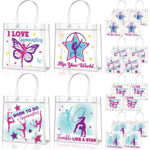 Aliceset 20 Pcs Gymnastics Clear Favor Bags With Handles Gymnastics Birthday Party Decorations Gymnast Gifts Bags for Team Coach Goodie Snack Candy, 8x8x3.15 inches