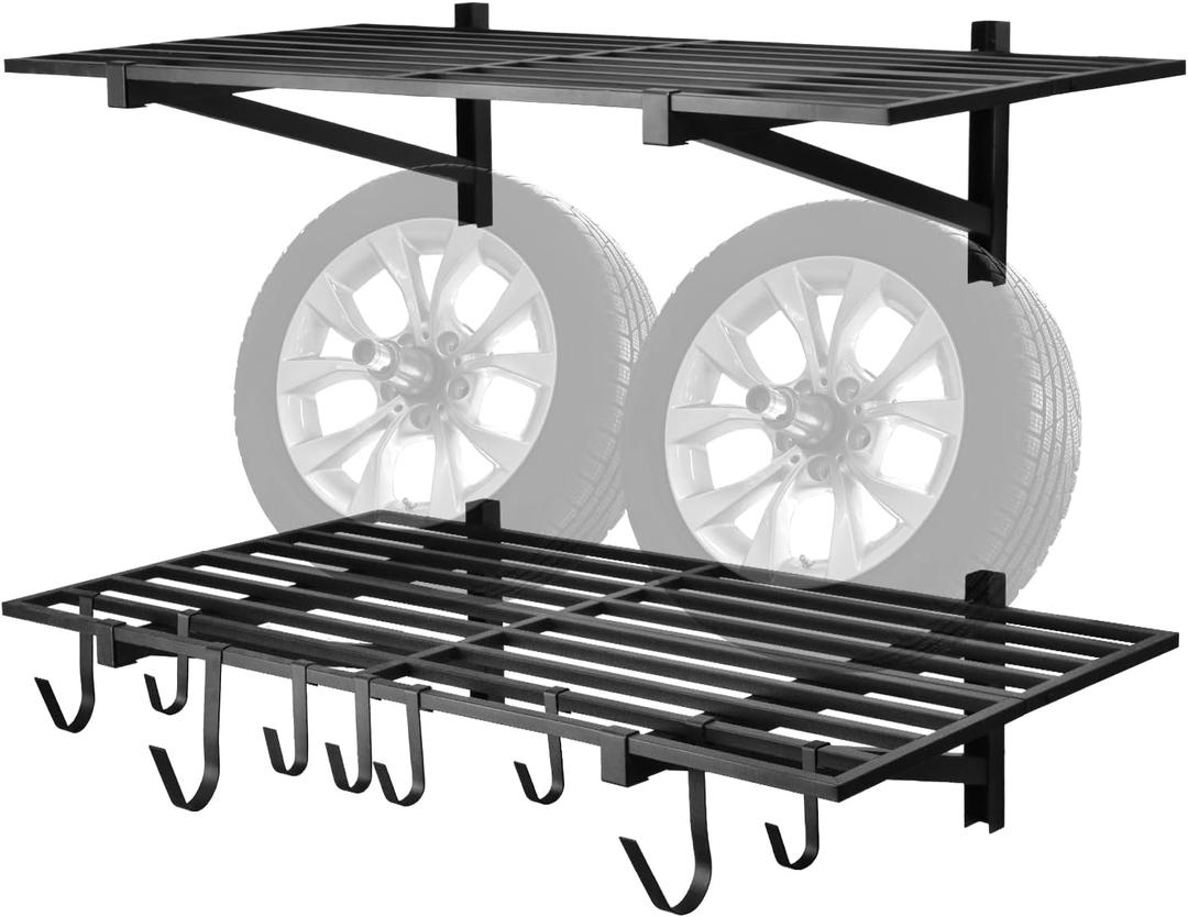 2 Pack Heavy Duty Garage Wall Shelving, 2' x 4' wall mount storage shelf, Holds 200 lbs Each, Garage Shelving Wall Mounted, Storage Rack with Hooks (Black), 46.5 x 6 x 12 inches