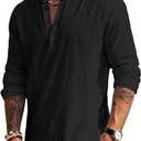 Men's Linen Shirts Henley T-Shirts Long Sleeve Casual Beach T-Shirts Solid Tops Shirts for Men (X-Large, Black)