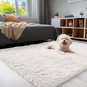OLANLY 3x5 Machine Washable Small Bedside Rug, Soft Fluffy Shaggy Rugs for Living Room, Bedroom, Indoor Floor Carpet for Kids Girls and Boys, Preppy Dorms, Nursery, Home Decor Aesthetic, Ivory