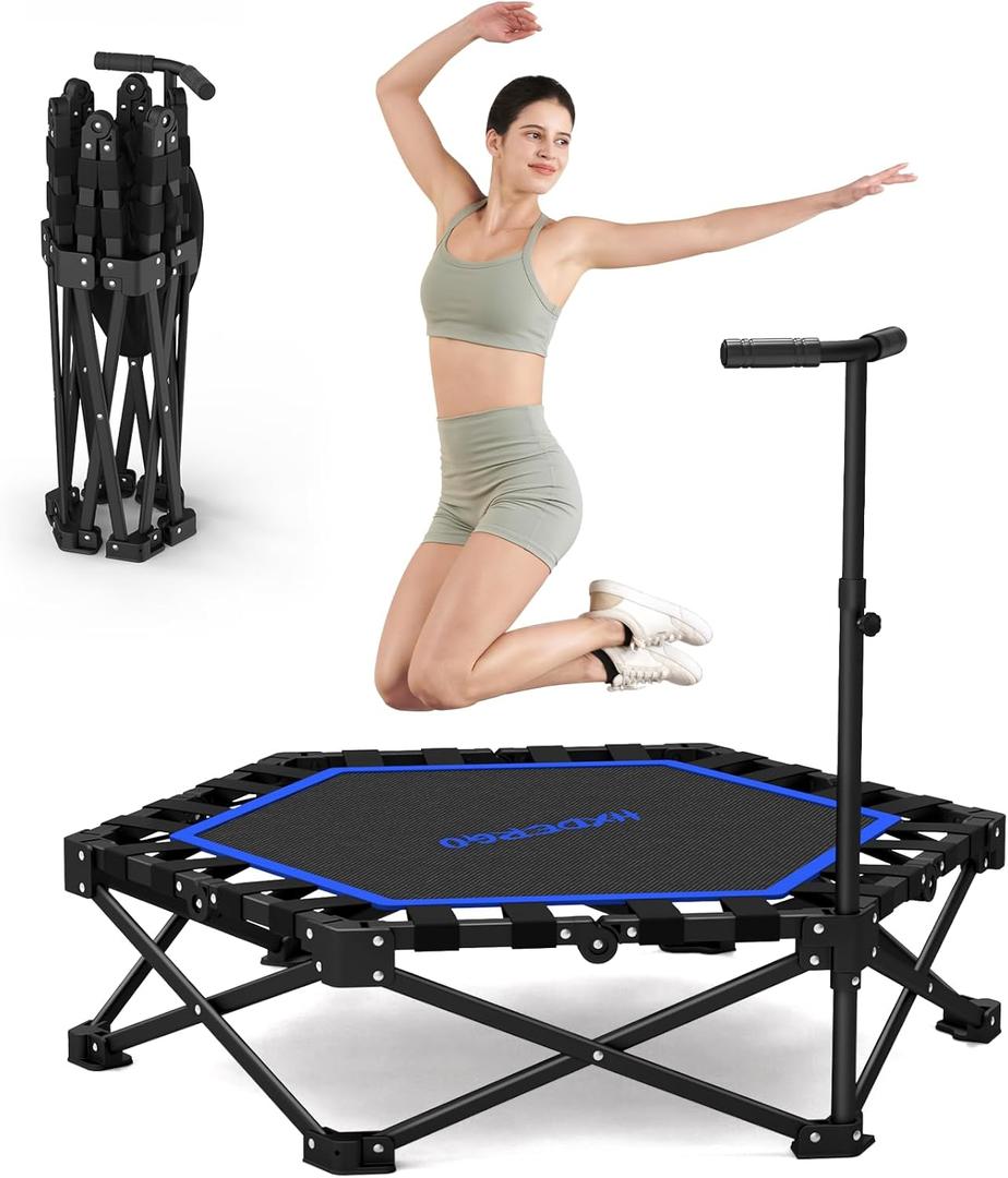 HXD-ERGO 42'' Foldable Mini Trampoline, Rebounder Trampoline with Adjustable Foam Handle, Fitness Trampoline for Indoor, Outdoor, Home Gym, Max Load 460lbs (Blue)