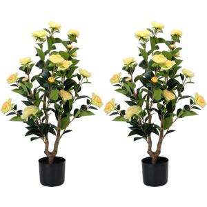 Artificial Camellia Tree 2 Pack - Realistic Camellia Plants in Pot with Yellow Flowers, Lifelike Faux Greenery for Living Room, Patio, or Wedding, Yellow
