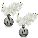Oairse White Orchids Artificial Flowers Faux Orchid Arrangement with Black Glass Vase 1 Pack Real Touch Phalaenopsis Orchid Flowers Orchid Centerpiece for Dining Room Table