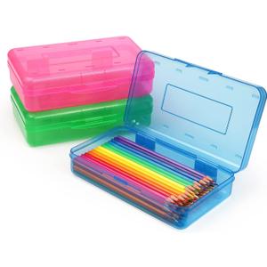 Tamaki 3 Pack Plastic Pencil Box Large Capacity Pencil Boxes Clear Boxes with Snap-tight Lid Stackable Design and Stylish Office Supplies Storage Organizer Box, Blue, Green, Pink