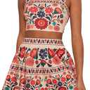 MakeMeChic Women's 2 Piece Vacation Outfits Floral Shirred Tank Top and A Line Mini Skirt Sets (Multicolor, XL)