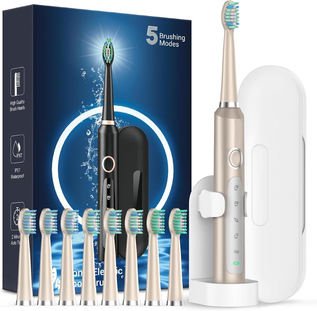 Rtauys M5 Electric Toothbrush for Adults - Sonic Electric Toothbrush for Kids and Adults with 8 Brush Heads & Travel Case, 120 Days Battery Life - Champagne Gold