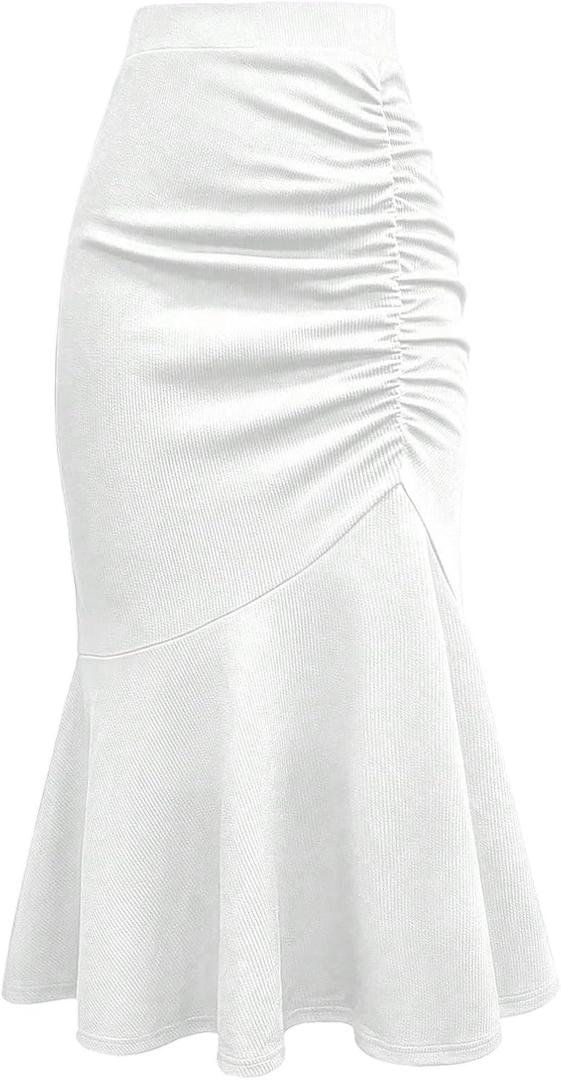 GORGLITTER Women's Ruched Fishtail Maxi Long Skirts Fall Trendy Cute Business Casual High Waisted Work Festival Skirts (White, S)