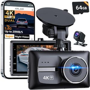 X18 4K Dual Dash Cam Front and Rear, Free 64GB Card Support 256G Max, 5.8G WiFi - up to 20MB/s Fastest Download Speed with App, 4K 2160P/FHD Dash Camera, 3" IPS, G-Sensor,24H Parking Mode