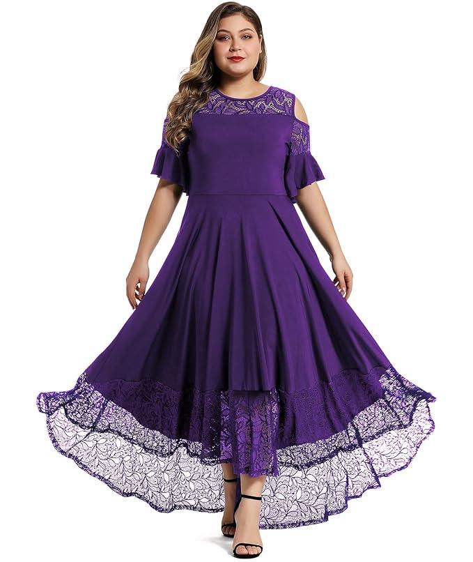 LALAGEN Womens Plus Size Lace Cold Shoulder Casual Long Plain Evening Party Maxi Dress, Purple, X-Large