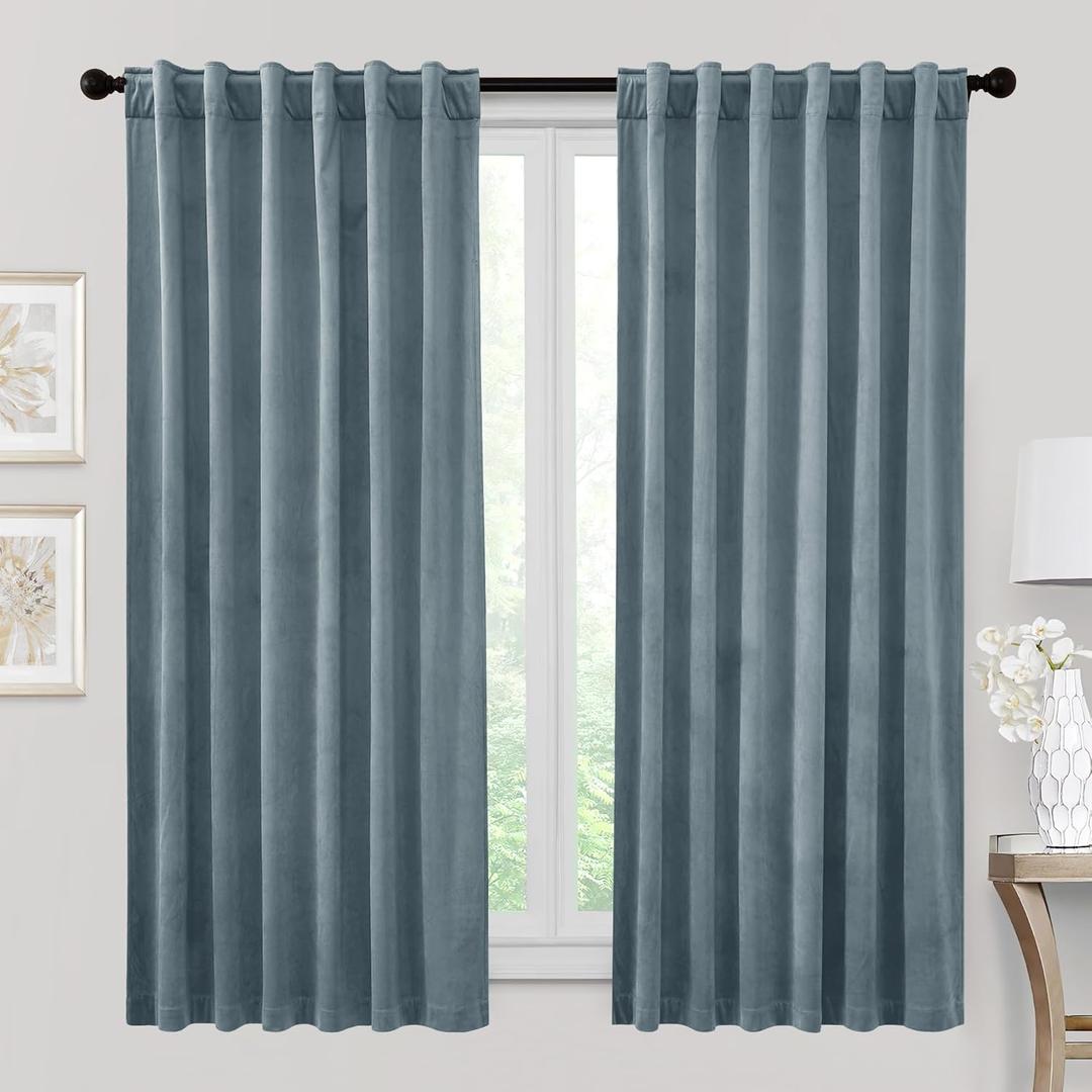 RYB HOME Velvet Curtains 63 inches Length, Back Tab & Rod Pocket Soft Fabric Curtains & Drapes for Bedroom Bathroom Cafe, Stone Blue, W 42 x L 63, 2 Panels Set