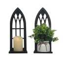 Birminwind Wall Candle Sconces for Pillar - Black Candle Holder for Wall Set of 2 - Gothic Wood Carved Shelf for Plant - Rustic Window Shape Decor for Bathroom Hallway Fireplace
