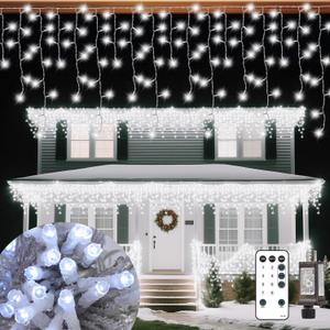 Christmas Ice Lights Outdoor, Cold White 99FT 1206 LED 8 Modes Plug in Xmas Tree Decorations Twinkle Fairy Light String with Remote Timer Memory for Roofline Yard Party Wedding Camping Decor