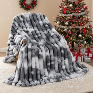 Throw Blanket for Couch - 90" x 90" Faux Rabbit Fur Throw Blanket Cozy Soft Warm Blankets for Bed Sofa Bedroom Living Room Fluffy Striped Blankets for Fall Winter, Home Decor, Grey