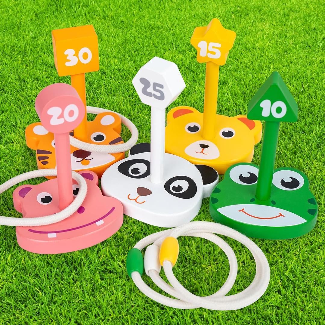 Wooden Ring Toss Game Set, Animal Ring Toss Game Toys, Fun Indoor & Outdoor Yard Game for Kids Adults - Lawn and Backyard Game for Family Birthday Party Easter Festivals Summer Beach Fun Activities