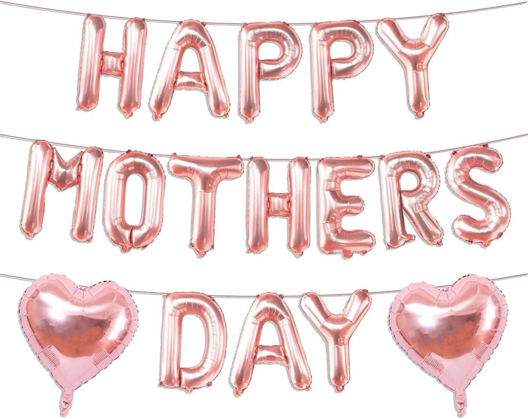 Rose Gold Happy Mothers Day Balloons,16 Inch Mother's Day Balloons Rose Gold Heart Ballons for Mothers Day Party Decorations for Hotel Bedroom Office Classroom Indoor