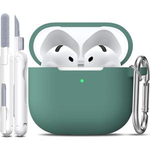 R-fun for Airpods 4 Case Cover with Cleaner Kit, Soft Silicone Case with Keychain, Full Protective Cover for Men and Women, Compatible with Apple Latest Airpods 4, Pine Green