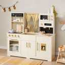 Tiny Land Play Kitchen for Kids, Toy Kitchen Set with Plenty of Play Features, New Modern Kids Wooden Play Kitchen Designed in Trendy Home Style with Curtains, Gift for Ages 3+