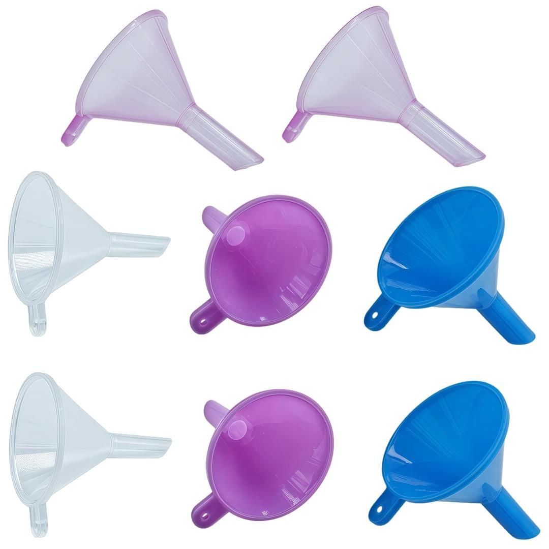 Mini Funnels 8-Pack with Spoon | Small Funnel Set for Filling Tiny Bottles, Essential Oils, Powder, Spices, Glitter | Food-Grade Plastic, Multicolor (Pink, Blue, Clear) for Crafts & Perfume