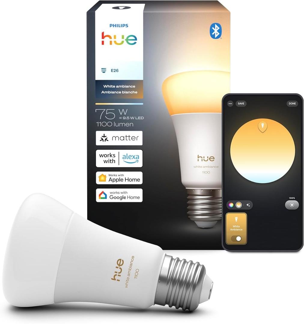 Philips Hue Smart LED A19 Bulb, White Ambiance, E26 Base, 9.5W, Full Spectrum Light 1000K-20000K, 1100 Lumens, Dimmable, Compatible with Alexa, Google Assistant, and Apple Home, 1 Pack