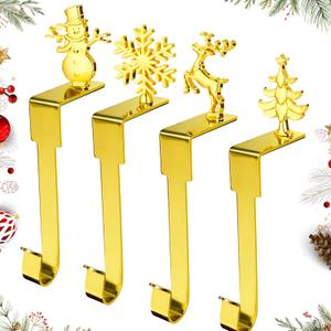 4 Pack Christmas Stockings Holder, Gold Fireplace Stocking Hanger Stocking Hooks for Mantle Stocking Hook Desk Hanger Grip for Party Elk Snowman Snowflake Tree