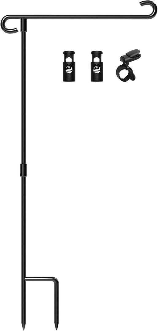 HOOSUN Garden Flag Stand Holder Pole Easy To Install Strong Sturdy Wrought Ion Fits 12.5" x 18" Mini Flag With 1 Tiger Clip Curved Hook With S Type (Pack of 1)
