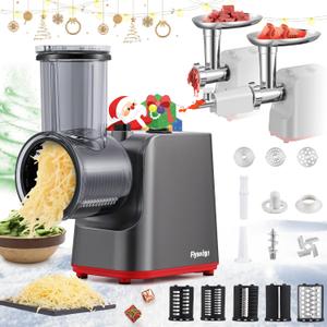 Cheese Grater Electric Multifunctional Vegetable Shredder Meat Grinder Automatic Rotary Cheese Grating Machine Salad Maker with Sausage Stuffer Kubbe Kit Tomato Strainer 5 Slicer Blades