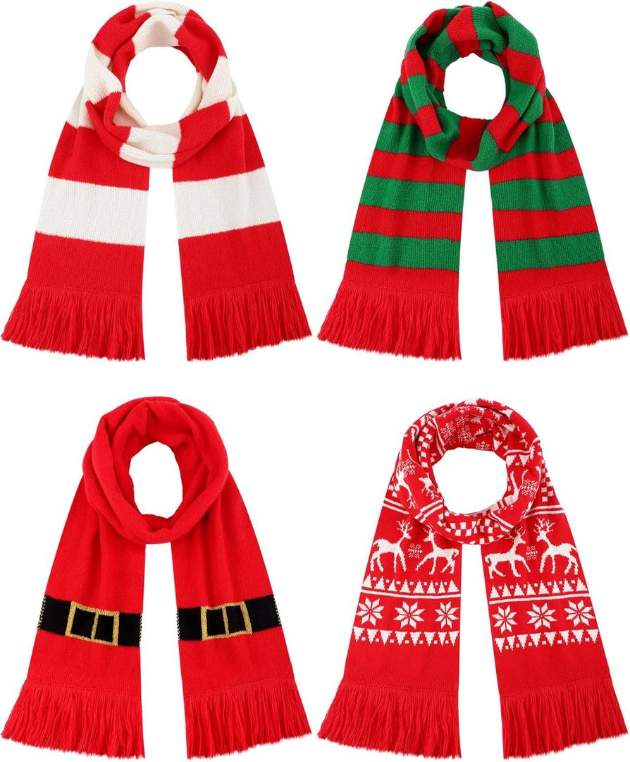Liitrsh 4 Pack Christmas Knitted Scarves Soft Holiday Knit Scarves with Tassels for Unisex Adult Festive Family Matching Accessories for Christmas Party Photo Gifts